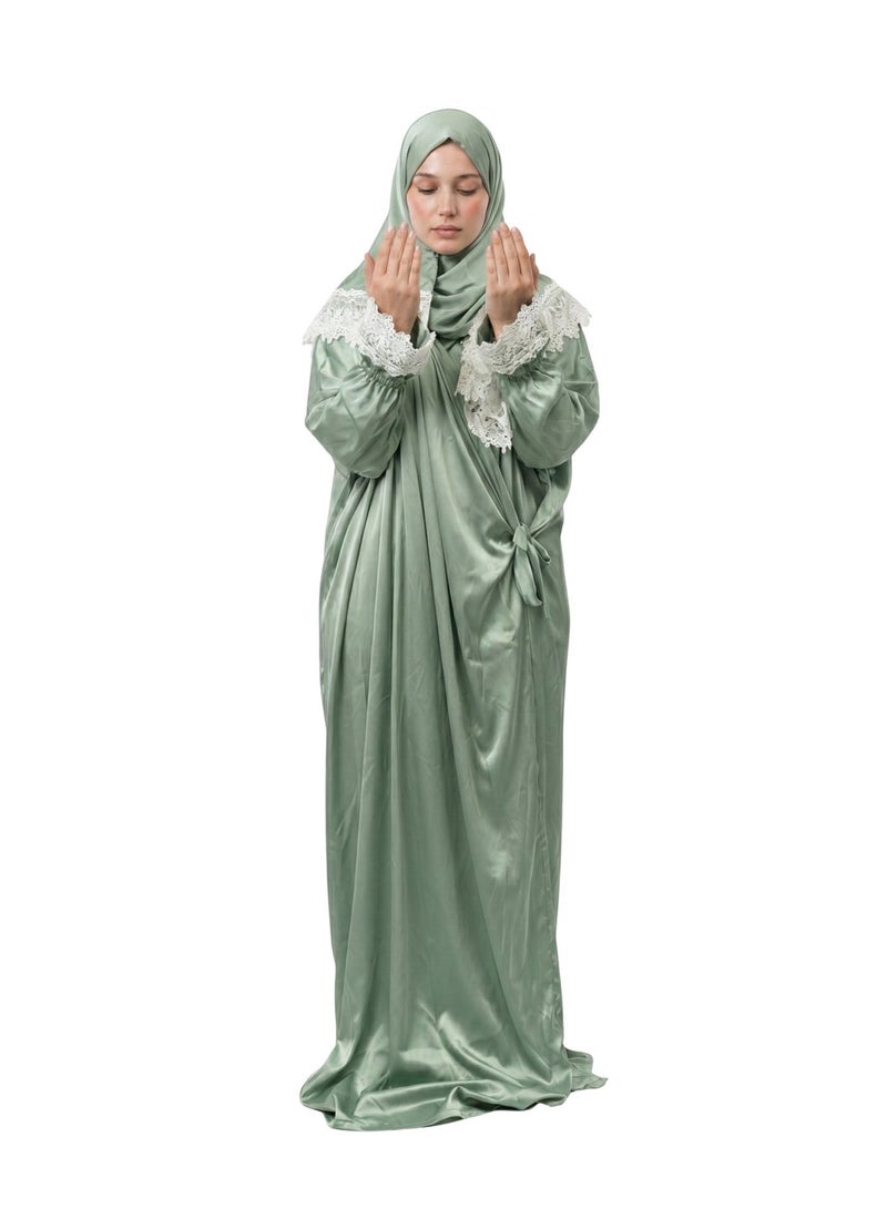 KESSAA Lamar Women’s Premium Prayer Isdal – Armani Silk Full-Coverage Salah Dress with Integrated Head Scarf | Non-Transparent Lightweight Fabric | Free Size Fits S–2XL | Modest Islamic Wear - Green - Image 1