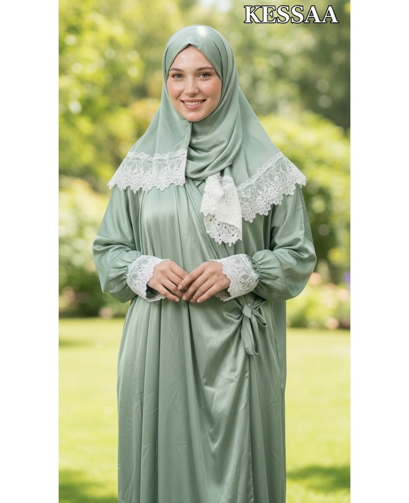 KESSAA Lamar Women’s Premium Prayer Isdal – Armani Silk Full-Coverage Salah Dress with Integrated Head Scarf | Non-Transparent Lightweight Fabric | Free Size Fits S–2XL | Modest Islamic Wear - Green - Image 3