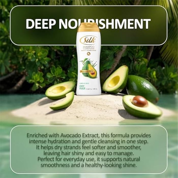 SILK 2 in 1 Shampoo and Conditioner for Dry, Damaged Hair – Deep Nourishing Wash with Avocado Extract – Anti-Frizz, Shine & Softening for Men & Women – Avocado Milk Scent, 13.6 fl oz (Pack of 2) - Image 3