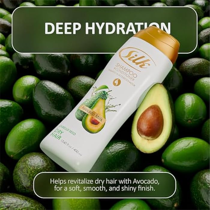 SILK 2 in 1 Shampoo and Conditioner for Dry, Damaged Hair – Deep Nourishing Wash with Avocado Extract – Anti-Frizz, Shine & Softening for Men & Women – Avocado Milk Scent, 13.6 fl oz (Pack of 2) - Image 2
