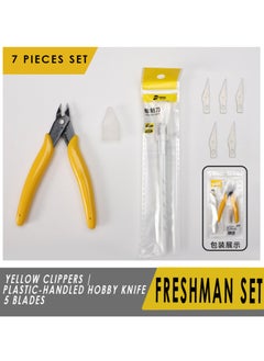 7 pieces / Yellow clippers + plier covers | Plastic-handled hobby knife | 5 blades