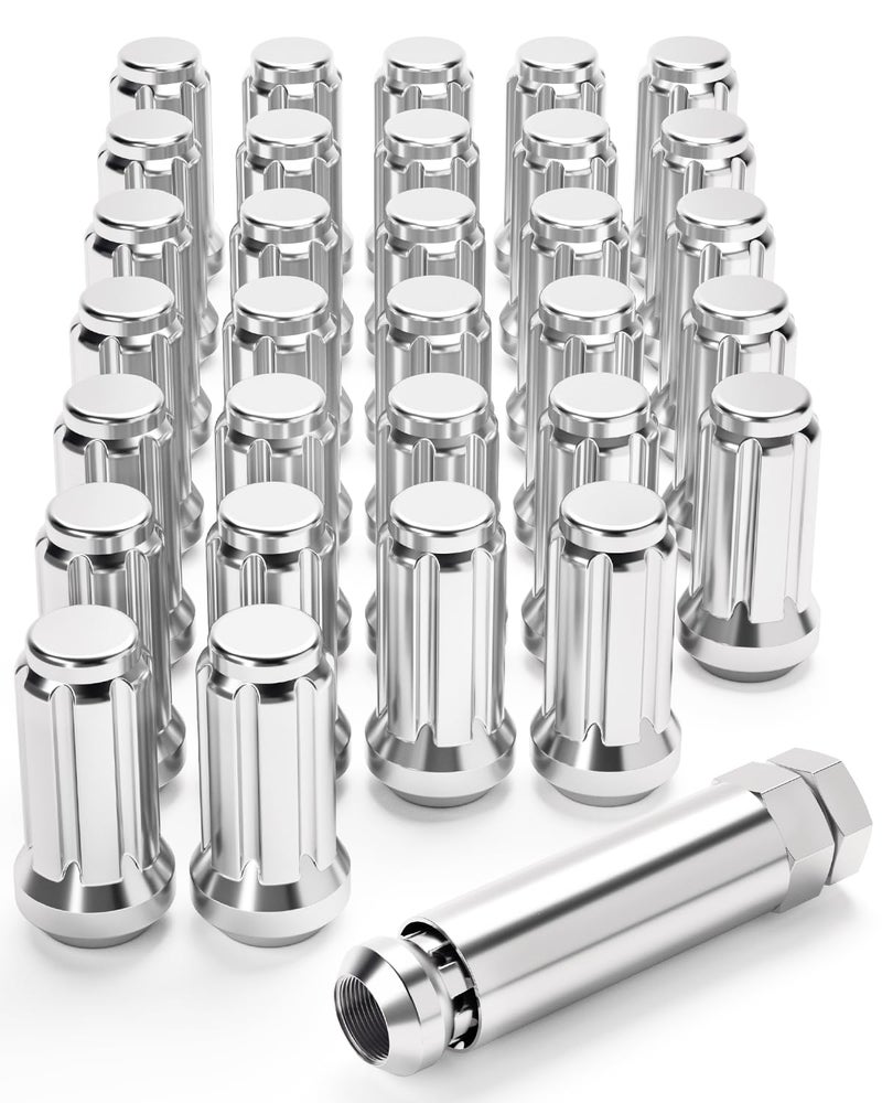 OMT M14x15 Wheel Lug Nuts 32 Pack Chrome Lug Nuts 2 inches Tall Spline Drive Cone Seat with Socket Compatible with Ford F250 F350 Super Duty Chevy Silverado 1500 2500HD and GMC Sierra