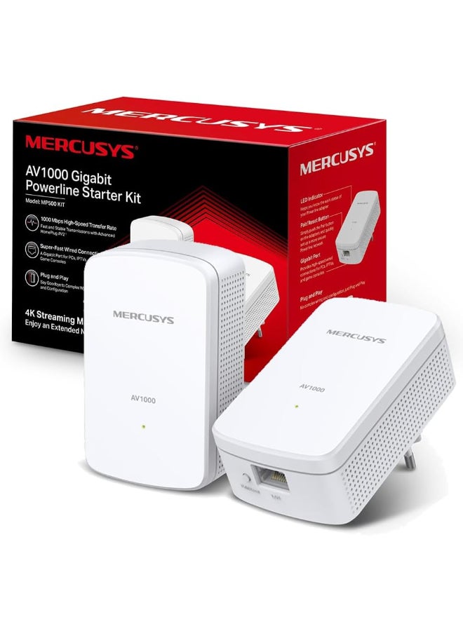 MERCUSYS AV1000 Gigabit Powerline Starter Kit
KIT: 2× MP500
SPEED: 1000 Mbps Powerline
SPEC: Broadcom CPU, 1× Gigabit Port, Wall Plugged, HomePlug AV2
FEATURE: Plug and Play, Power Saving, Pair for More Security White - Image 1