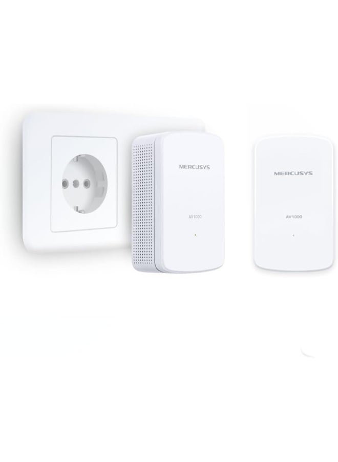 MERCUSYS AV1000 Gigabit Powerline Starter Kit
KIT: 2× MP500
SPEED: 1000 Mbps Powerline
SPEC: Broadcom CPU, 1× Gigabit Port, Wall Plugged, HomePlug AV2
FEATURE: Plug and Play, Power Saving, Pair for More Security White - Image 2