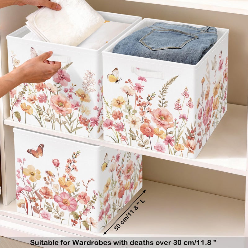 HUUMONSS 11.8" Wild Flower Storage Cube Organizer Set 3Pcs Clothes Storage Basket Bin for Closet Shelf Garden Butterfly Nursery Kid Room Book Toy Chest, Wildplants - Image 5