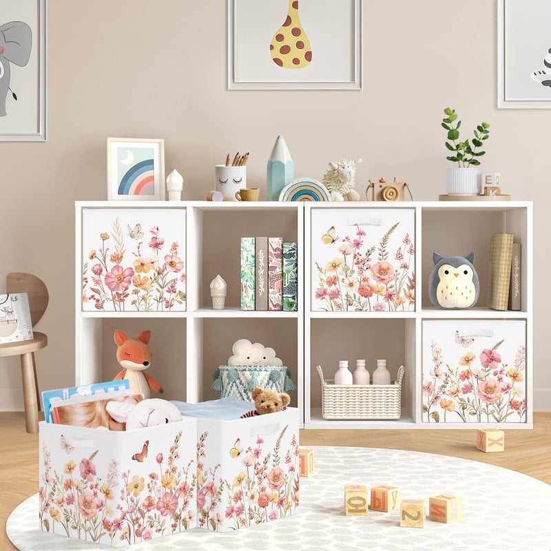 HUUMONSS 11.8" Wild Flower Storage Cube Organizer Set 3Pcs Clothes Storage Basket Bin for Closet Shelf Garden Butterfly Nursery Kid Room Book Toy Chest, Wildplants - Image 2