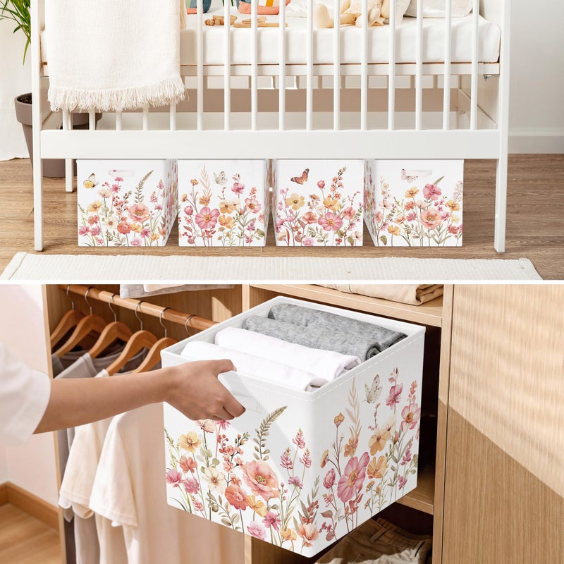 HUUMONSS 11.8" Wild Flower Storage Cube Organizer Set 3Pcs Clothes Storage Basket Bin for Closet Shelf Garden Butterfly Nursery Kid Room Book Toy Chest, Wildplants - Image 4