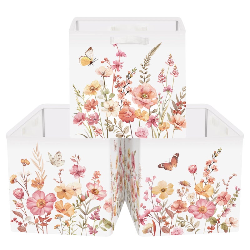 HUUMONSS 11.8" Wild Flower Storage Cube Organizer Set 3Pcs Clothes Storage Basket Bin for Closet Shelf Garden Butterfly Nursery Kid Room Book Toy Chest, Wildplants - Image 1