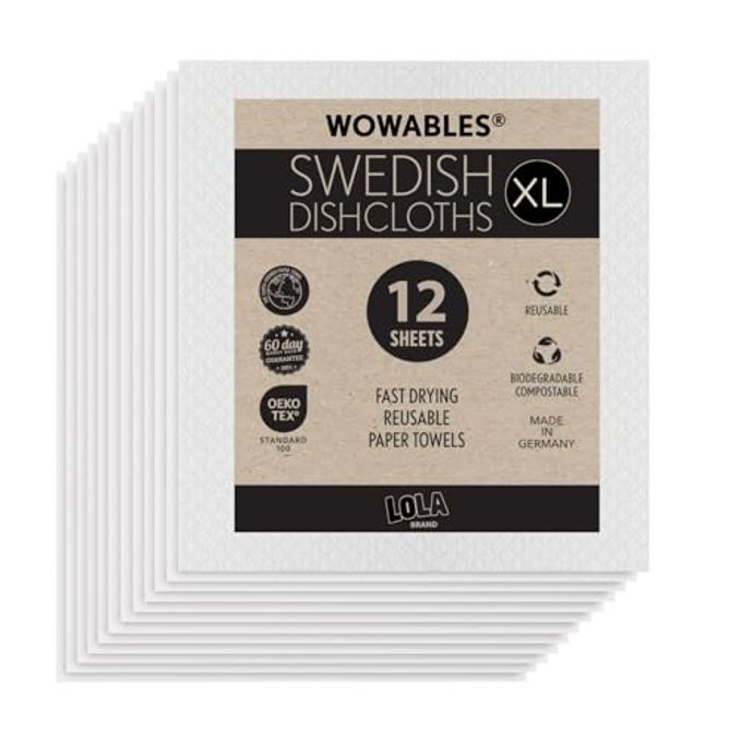 Swedish Dishcloths for Kitchen XL, 12 Sheet Roll, Biodegradable & Compostable, Reusable Paper Towel Cleaning Cloths, 11" x 10", No Odor, Washing Dishes, Ultra Absorbent Cellulose Sponge Towel, By LOLA