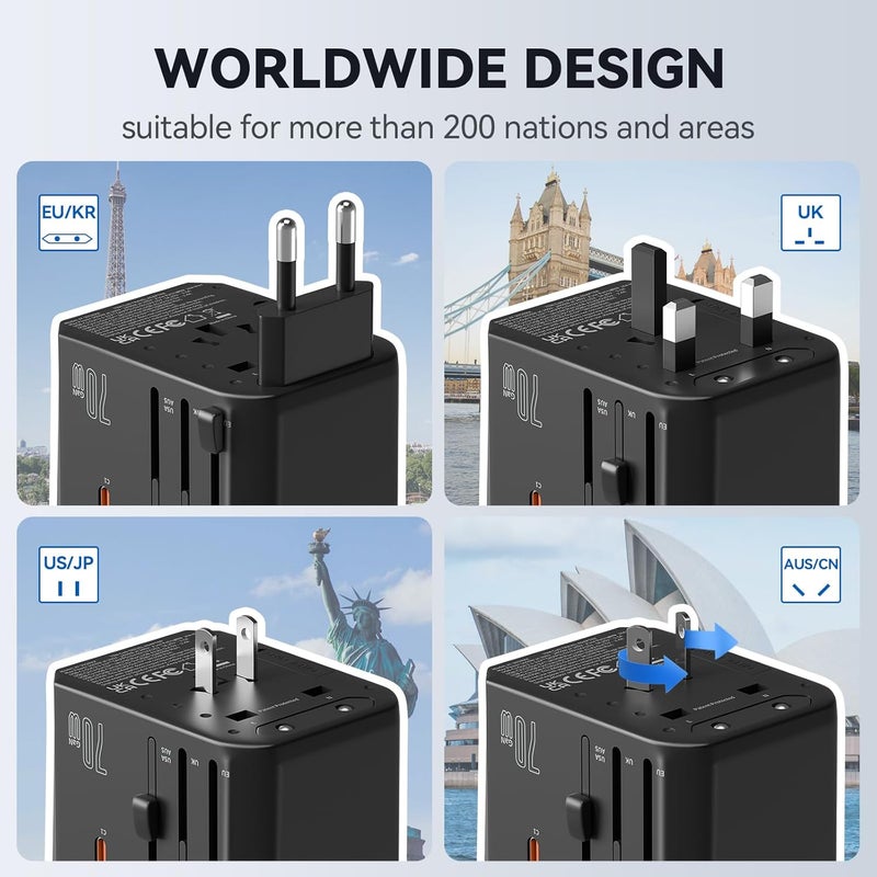 Unidapt Universal Travel Adapter, 70W International Plug Adapter with 3 USB-C PD Fast Charging & 2 USB-A Quick Charger Worldwide Adaptor for USA EU UK AUS Black (JY305-MAX) - Image 2