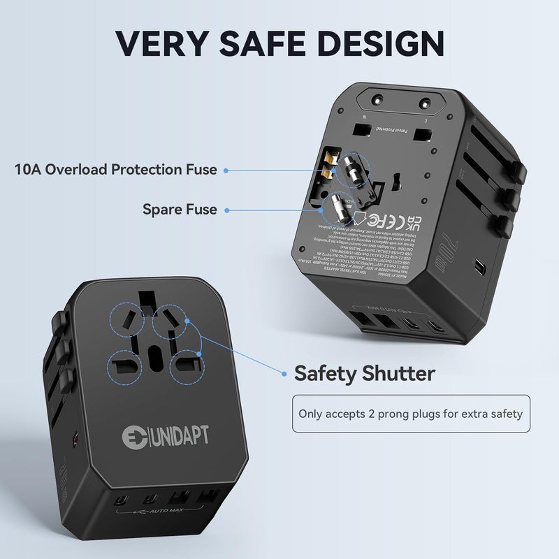 Unidapt Universal Travel Adapter, 70W International Plug Adapter with 3 USB-C PD Fast Charging & 2 USB-A Quick Charger Worldwide Adaptor for USA EU UK AUS Black (JY305-MAX) - Image 5