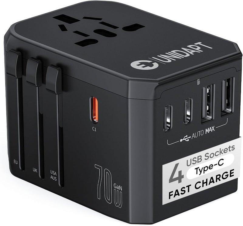 Unidapt Universal Travel Adapter, 70W International Plug Adapter with 3 USB-C PD Fast Charging & 2 USB-A Quick Charger Worldwide Adaptor for USA EU UK AUS Black (JY305-MAX) - Image 1