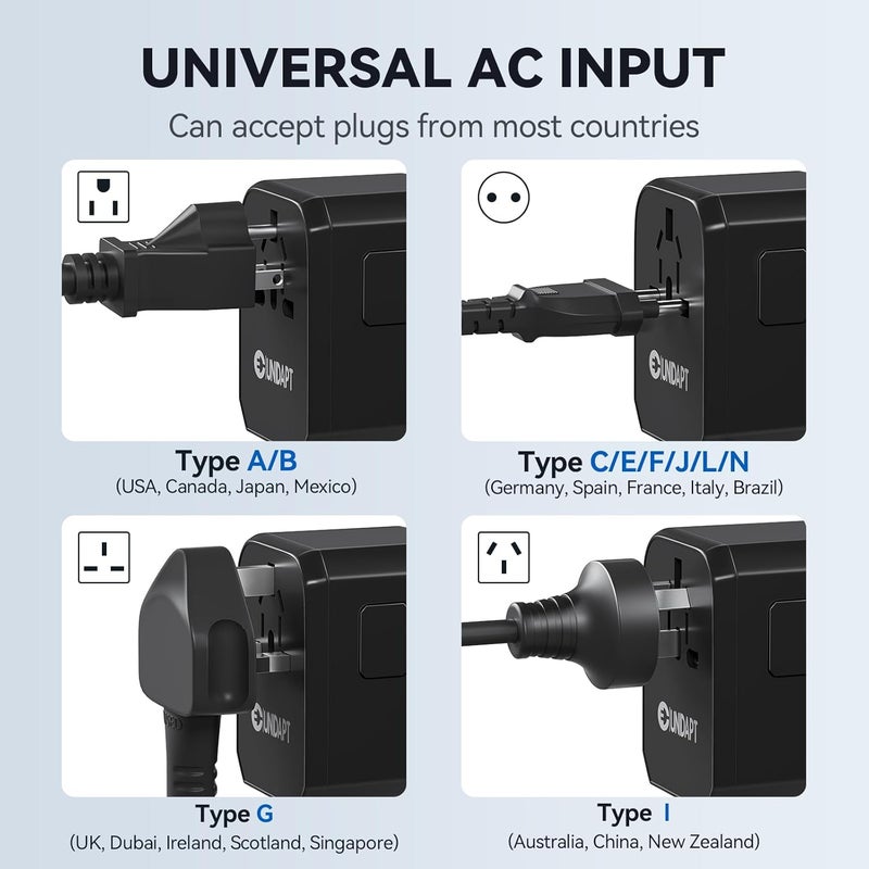 Unidapt Universal Travel Adapter, 70W International Plug Adapter with 3 USB-C PD Fast Charging & 2 USB-A Quick Charger Worldwide Adaptor for USA EU UK AUS Black (JY305-MAX) - Image 4
