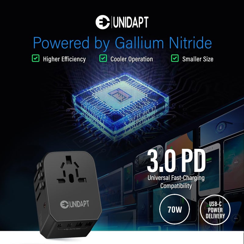 Unidapt Universal Travel Adapter, 70W International Plug Adapter with 3 USB-C PD Fast Charging & 2 USB-A Quick Charger Worldwide Adaptor for USA EU UK AUS Black (JY305-MAX) - Image 3