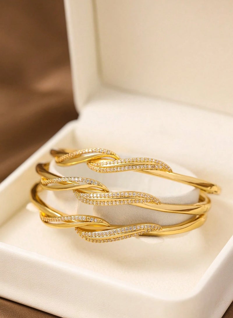 Women's Bracelets – A set of 3 gold-plated bangles adorned with sparkling zircon stones in a twisted design. Perfect for weddings, engagements, graduation gifts, Mother's Day, Valentine's Day, and all special occasions. - Image 1