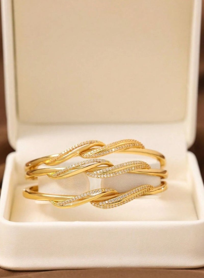 Women's Bracelets – A set of 3 gold-plated bangles adorned with sparkling zircon stones in a twisted design. Perfect for weddings, engagements, graduation gifts, Mother's Day, Valentine's Day, and all special occasions. - Image 2