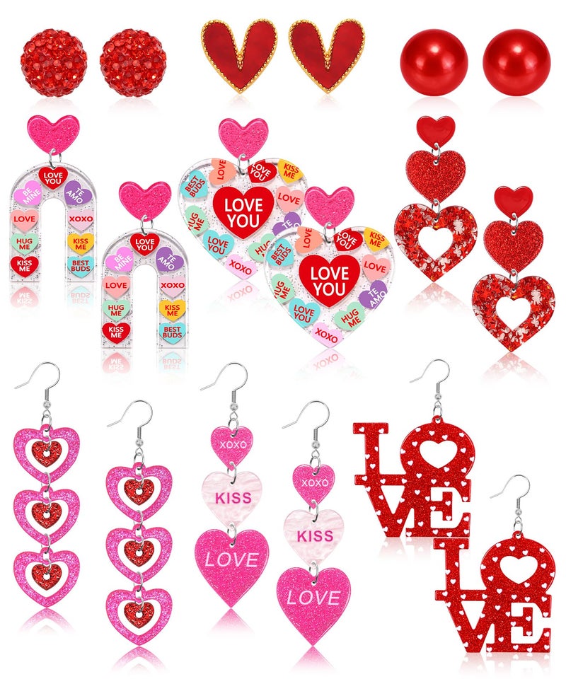 LUYI 9 Pairs Valentines Day Earrings for Women, Love Heart Dangle Acrylic Earrings Valentine's Accessories Jewelry Gifts for Women Holiday Party Wedding - Image 1