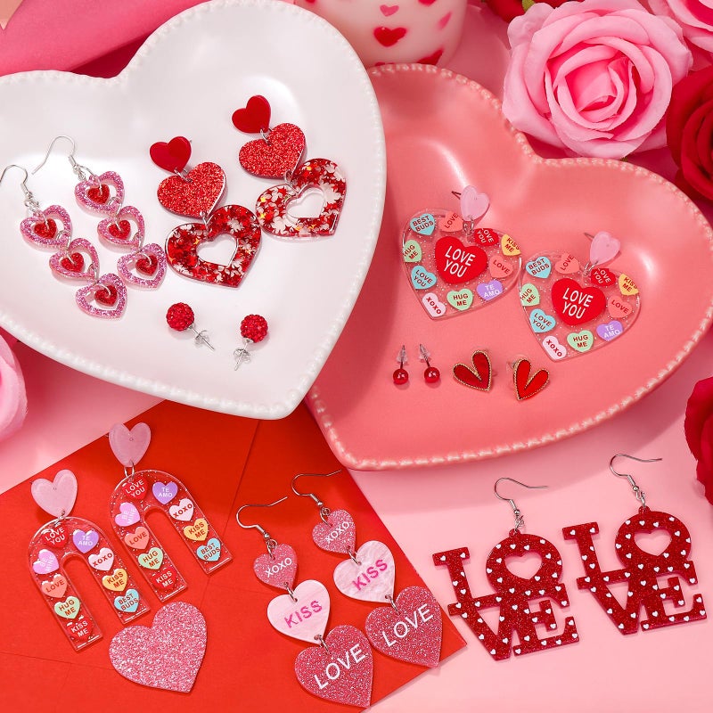 LUYI 9 Pairs Valentines Day Earrings for Women, Love Heart Dangle Acrylic Earrings Valentine's Accessories Jewelry Gifts for Women Holiday Party Wedding - Image 3