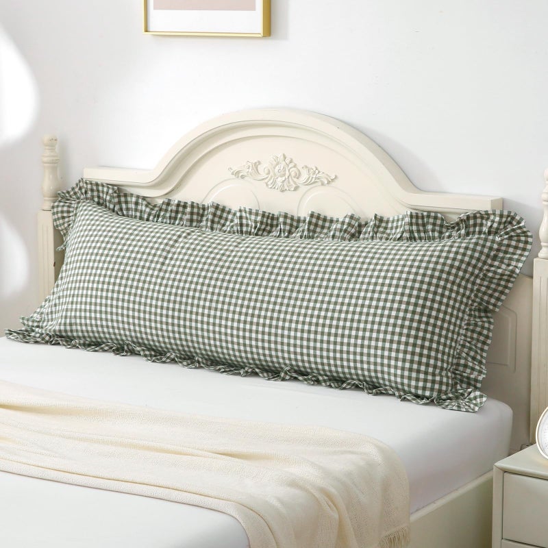 Silnuo GreenWhite Plaid Ruffled Body Pillow Sham Washed Cotton Shabby Checkered Gingham Pillow Cover 20x54