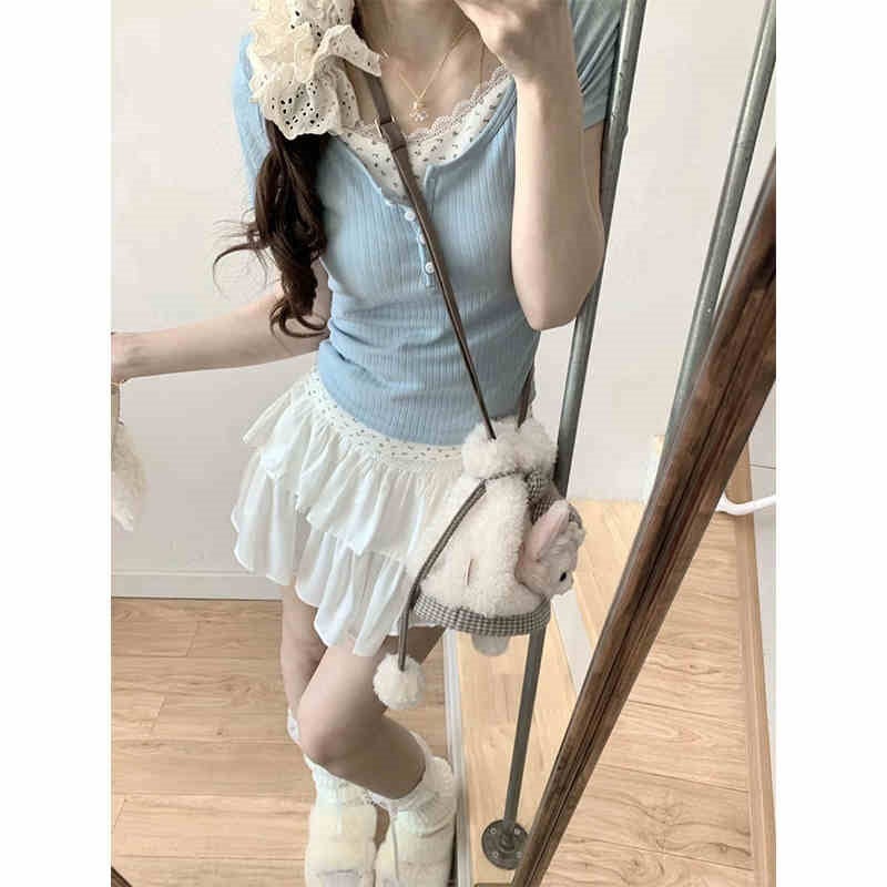 Fake Two-Piece Ballet Style T-Shirt For Women Bm Lace Small Floral Stitching Short-Sleeved Sweet And Spicy Baby Blue Top - Image 2