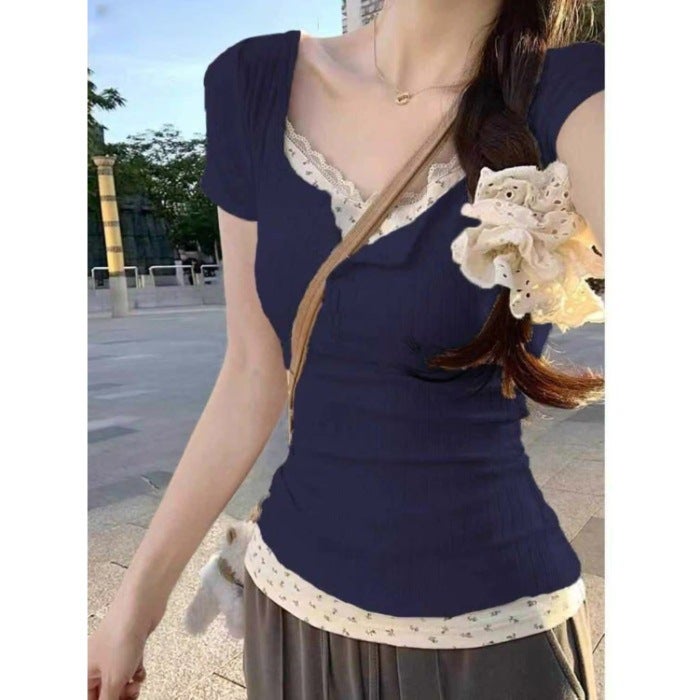 Fake Two-Piece Ballet Style T-Shirt For Women Bm Lace Small Floral Stitching Short-Sleeved Sweet And Spicy Baby Blue Top - Image 1
