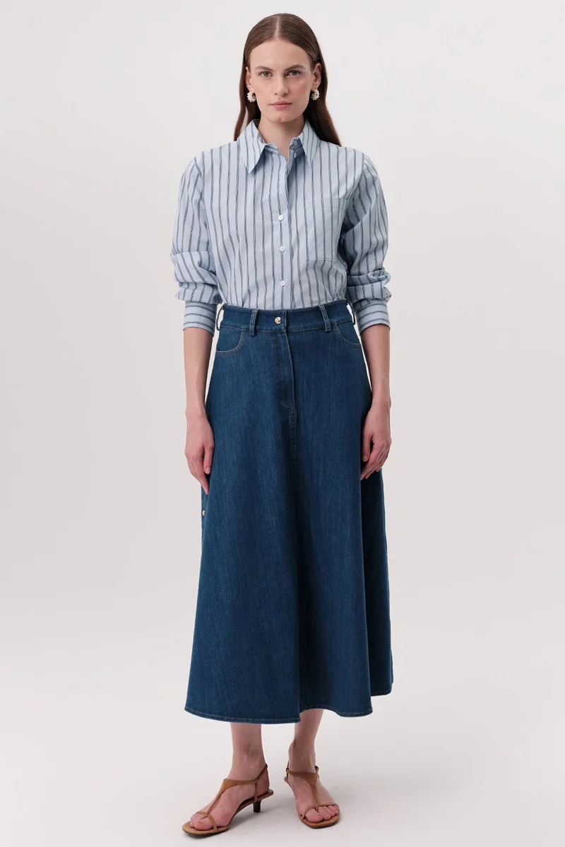 EXQUISE High-Waisted, Snap Button Detail, Pocketed, Zippered Regular Denim Indigo Skirt