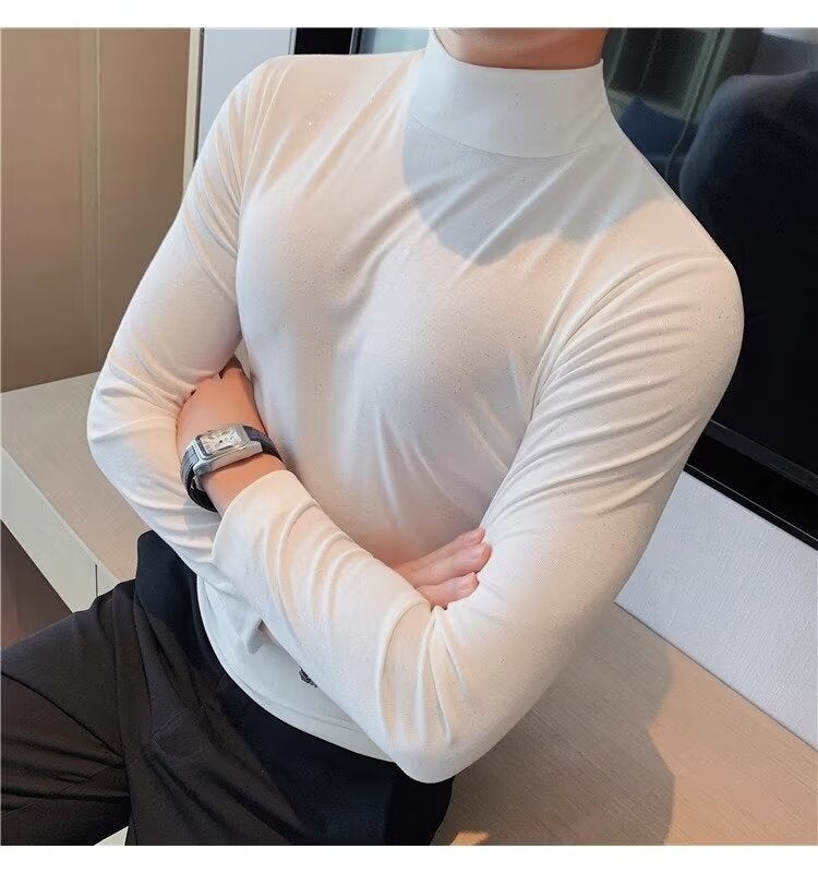 Half-High Collar Long-Sleeved T-Shirt Men'S New Fashion Brand High-End Men'S Casual Interior Slim-Fit Base Shirt - Image 1