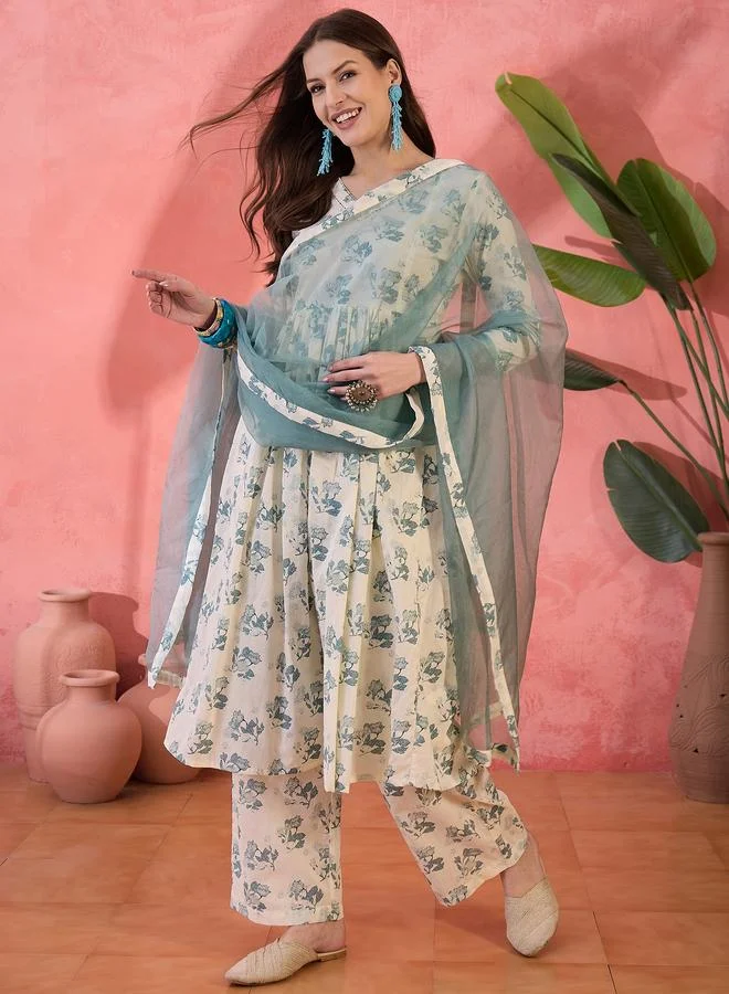 سانسكريتي هومز Sanskrutihomes Floral Printed V-Neck Pure Cotton Kurta with Trousers and Dupatta Co-Ords