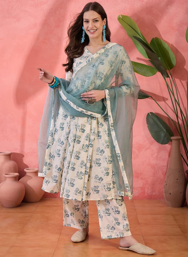 sanskrutihomes Floral Printed V-Neck Pure Cotton Kurta with Trousers and Dupatta Co-Ords - Image 1