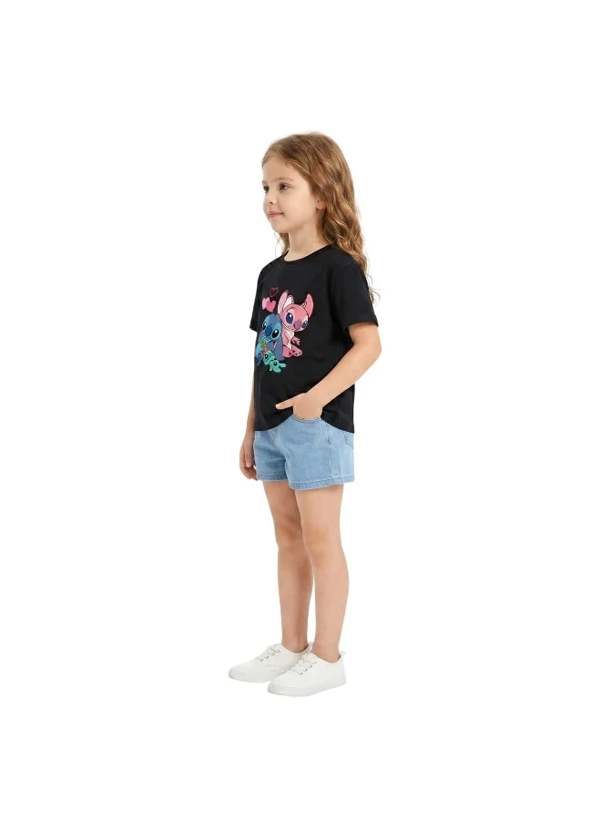 بيداني Girls Stitch Alien Cartoon  T-Shirt-Black