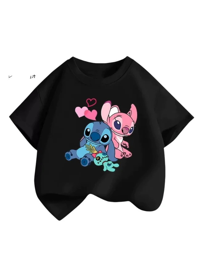 بيداني Girls Stitch Alien Cartoon  T-Shirt-Black