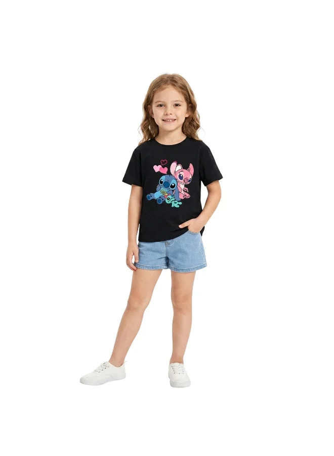 بيداني Girls Stitch Alien Cartoon  T-Shirt-Black