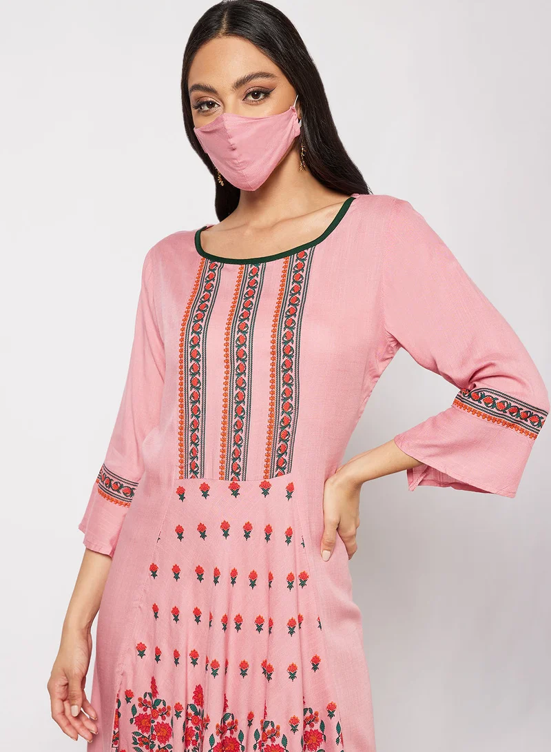 HANA & SARA Casual Cotton Printed Round Neck All Over Jalabiya With Facemask For Women