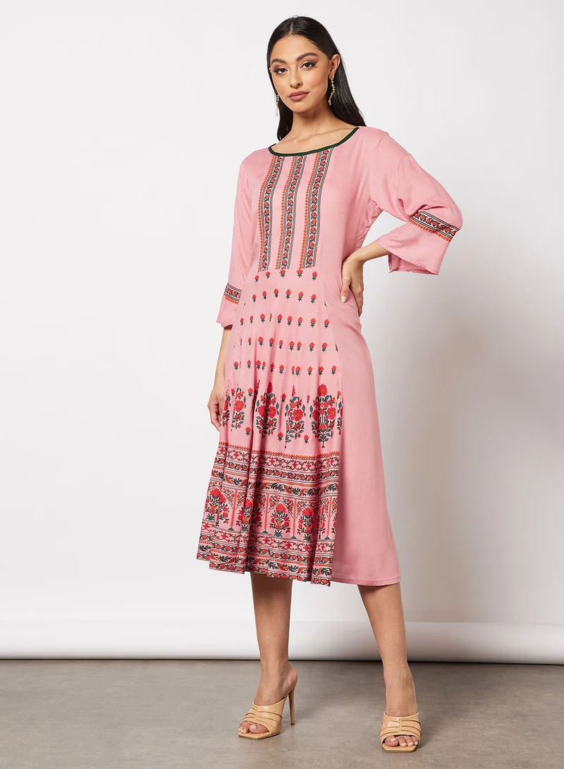 HANA & SARA Casual Cotton Printed Round Neck All Over Jalabiya With Facemask For Women