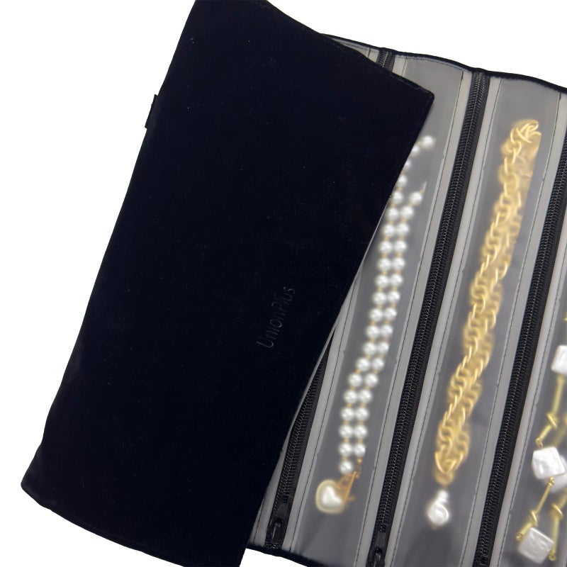 UnionPlus Velvet Jewelry Roll Organizer, 9/11 Grids â€“ Travel Jewelry Case with Zippered Compartments for Necklaces â€“ Compact Portable Jewelry Storage, Black - Image 3