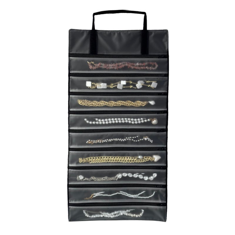 UnionPlus Velvet Jewelry Roll Organizer, 9/11 Grids â€“ Travel Jewelry Case with Zippered Compartments for Necklaces â€“ Compact Portable Jewelry Storage, Black - Image 1