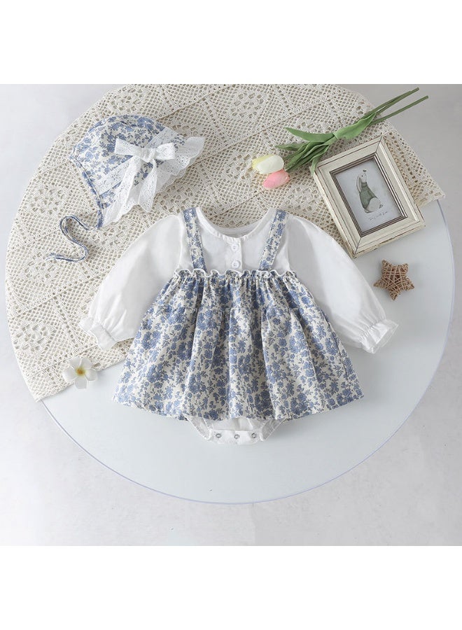 DOOKOO Spring Printed Floral Baby Girls Jumpsuit -Long Sleeve Blue Romper with Matching Hat 2 Pcs for Newborns and Infants - Image 1