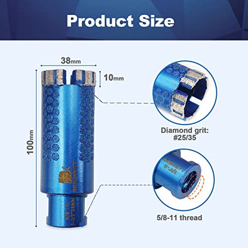 BRSCHNITT Diamond Core Drill Bit,BRSCHNITT 1-1/2 Inch Laser Welded Diamond Hole Saw with 5/8-11 Thread for Granite Marble Solid Block Stone Reinforced Concrete,Dry or Wet Drilling (38mm) - Image 2