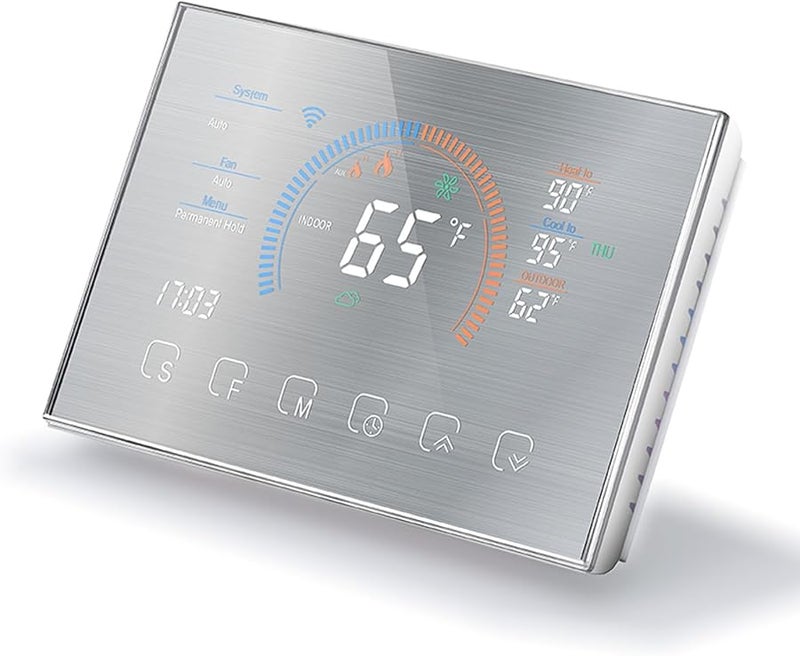 Programmable Heat Pump Thermostat Smart Voice Control LCD Color Screen Brushed Silver - Image 1