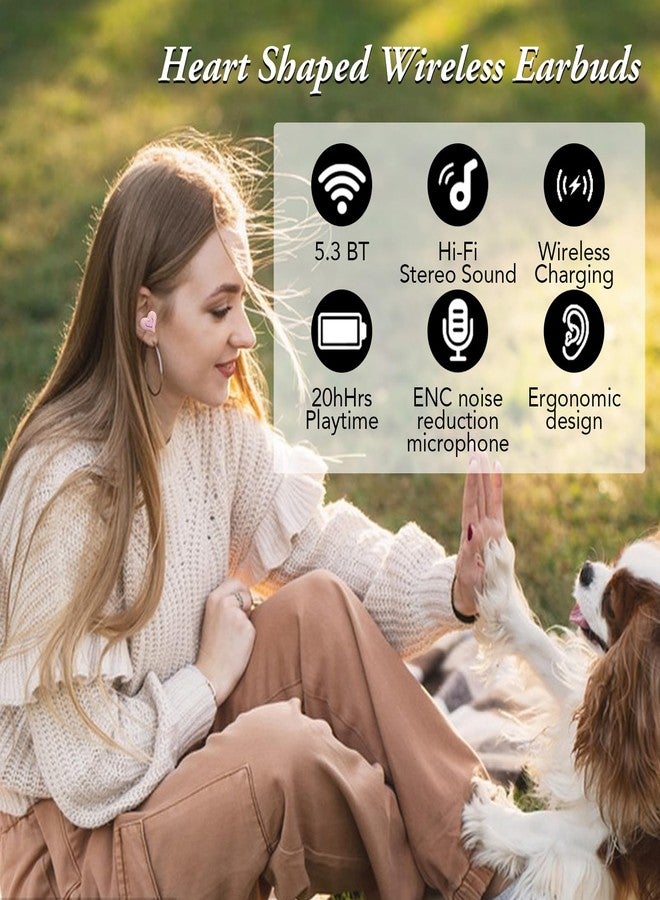 Yoidesu Heart Shaped Earbuds, Cute Stylish HiFi Stereo Sound 5.3 Headphones with Charging Case, Great for Workouts and Travel, Pink, Adjustable - Image 2