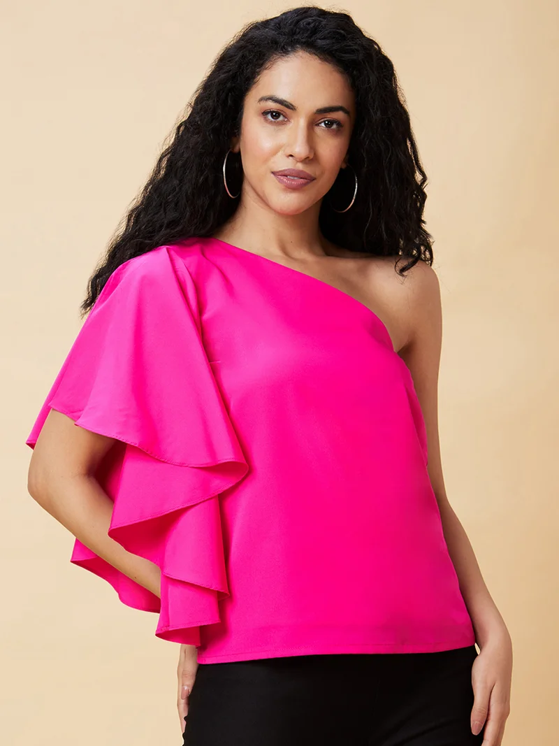 جلو باص Women Pink One Shoulder Flared Sleeve Top
