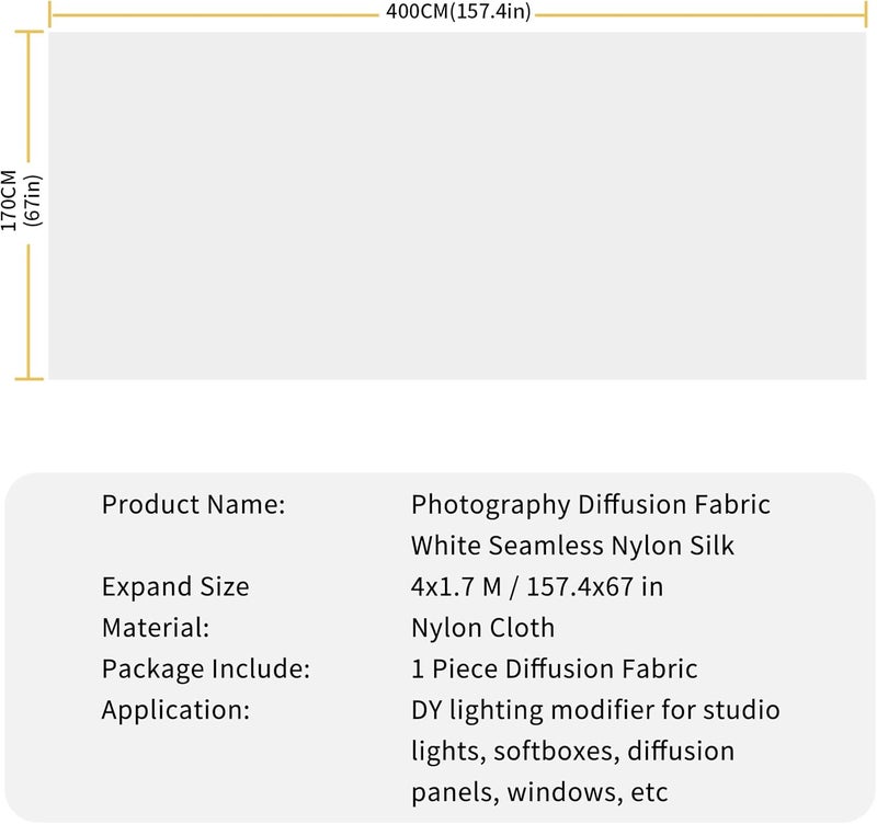 Meking Diffusion Fabric Light Silk White Seamless Nylon 4.3 x 1.8 Yard /4 x 1.7M Foldable Diffusion Sheet for Light Tent, Strobe Light, Lighting Light Modifier and Other Photographic Equipment - Image 4