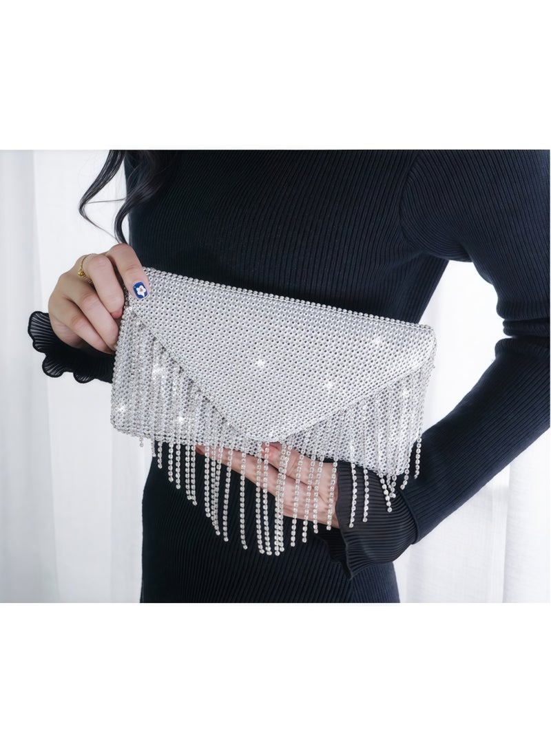 Tiokkss ​​Designer Crystal-Embellished Chain Fringe Clutch - Formal Gala Purse for Bridal Party  - Image 1