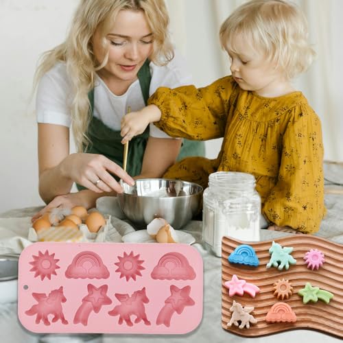 BENEKIY 2 Pack Unicorn Molds Silicone 8 Cavity 3D Flying Unicorn Themed Baking Mould Tray with Cartoon Rainbow Meteors Sun for Kids' Party Chocolate Cake Topper Dessert Mousse Pastry Handmade Soap Crayons - Image 5