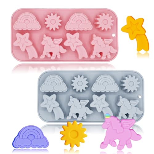 BENEKIY 2 Pack Unicorn Molds Silicone 8 Cavity 3D Flying Unicorn Themed Baking Mould Tray with Cartoon Rainbow Meteors Sun for Kids' Party Chocolate Cake Topper Dessert Mousse Pastry Handmade Soap Crayons - Image 1