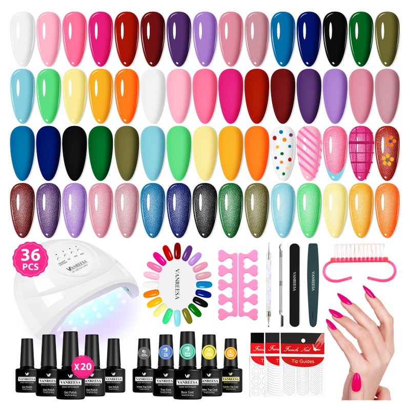 VANREESA Gel Nail Polish Kit with U V Light 36 Pcs Gel Polish Nail Set 20 Must-have Colors Nail Polish Set + Base Coat and 4 Effects Top Coat Manicure Tools Beginners Nail Kit Gifts for Women Girls - Image 1