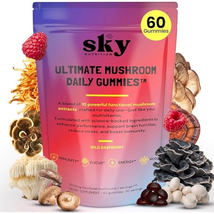 Mushroom Gummies for Adults - 10-in-1 Powerful Mushroom Complex w/Lions Mane, Reishi, Cordyceps, Turkey Tail - for Mental Clarity, Focus, Immunity - Mushroom Flavored 60 Vegan Gummies