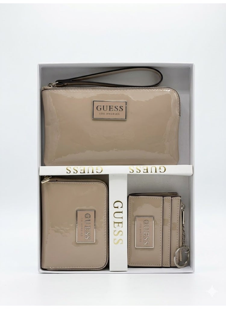 GUESS Los Angeles 3-Piece Patent Leather Gift Set - Includes Tech Wristlet, Zip-Around Wallet, and Keychain Card Holder - Nude Beige - Image 1