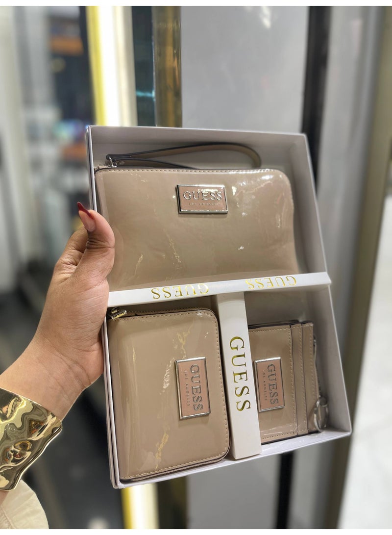 GUESS Los Angeles 3-Piece Patent Leather Gift Set - Includes Tech Wristlet, Zip-Around Wallet, and Keychain Card Holder - Nude Beige - Image 2