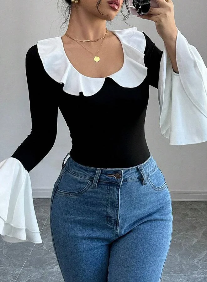 Take Two Take Two Women Black Solid Flounce Neck Top with Contrast Trim